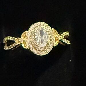 Halo Oval CZ Engagement Ring Gold-Tone Pavé Split Shank